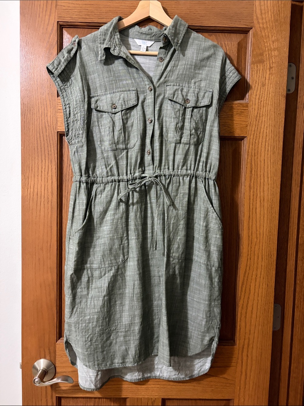 Casual Drawstring Shirt Dress - Sage Green